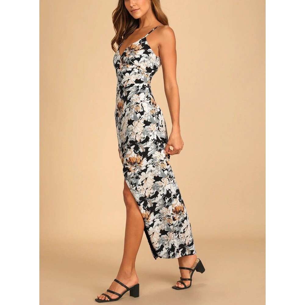 Lulus Floral Midi Dress Black White Sleeveless Slit Bodycon XS No Zip - Picture 2 of 16
